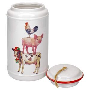 Christmas on the Farm Ceramic Cookie Jar with Lid White Animals 5.5"x10.5" NEW